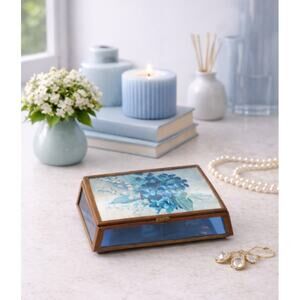 Blue Floral Glass Jewelry Box | Vintage Style Trinket Box | Brass Tone | 5” x 3”